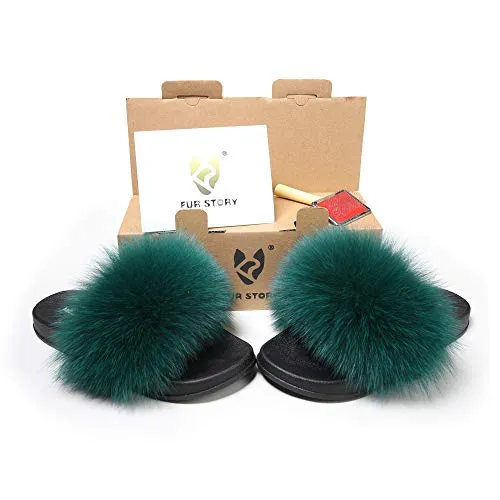 Fur Story Ladies Fox Fur Outdoor Fluffy Slippers