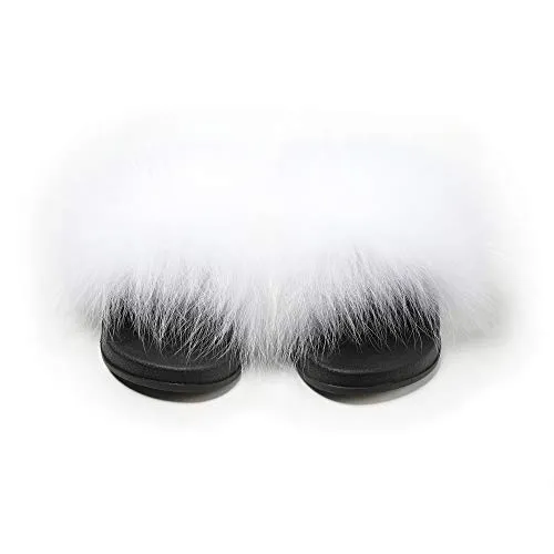 Fur Story Women's Fox Fur Slides Furry Slide for Outdoor Fluffy Sandals Open Toe Fur Slippers (White, 11)