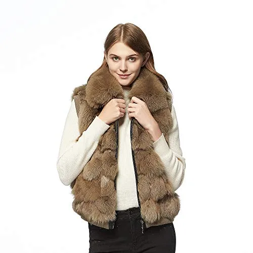 Fur Story Women's Genuine Fox Fur Vest with Collar Fuzzy Warm Sleeveless Overcoat Waistcoat in Winter(Kahki-3XL)