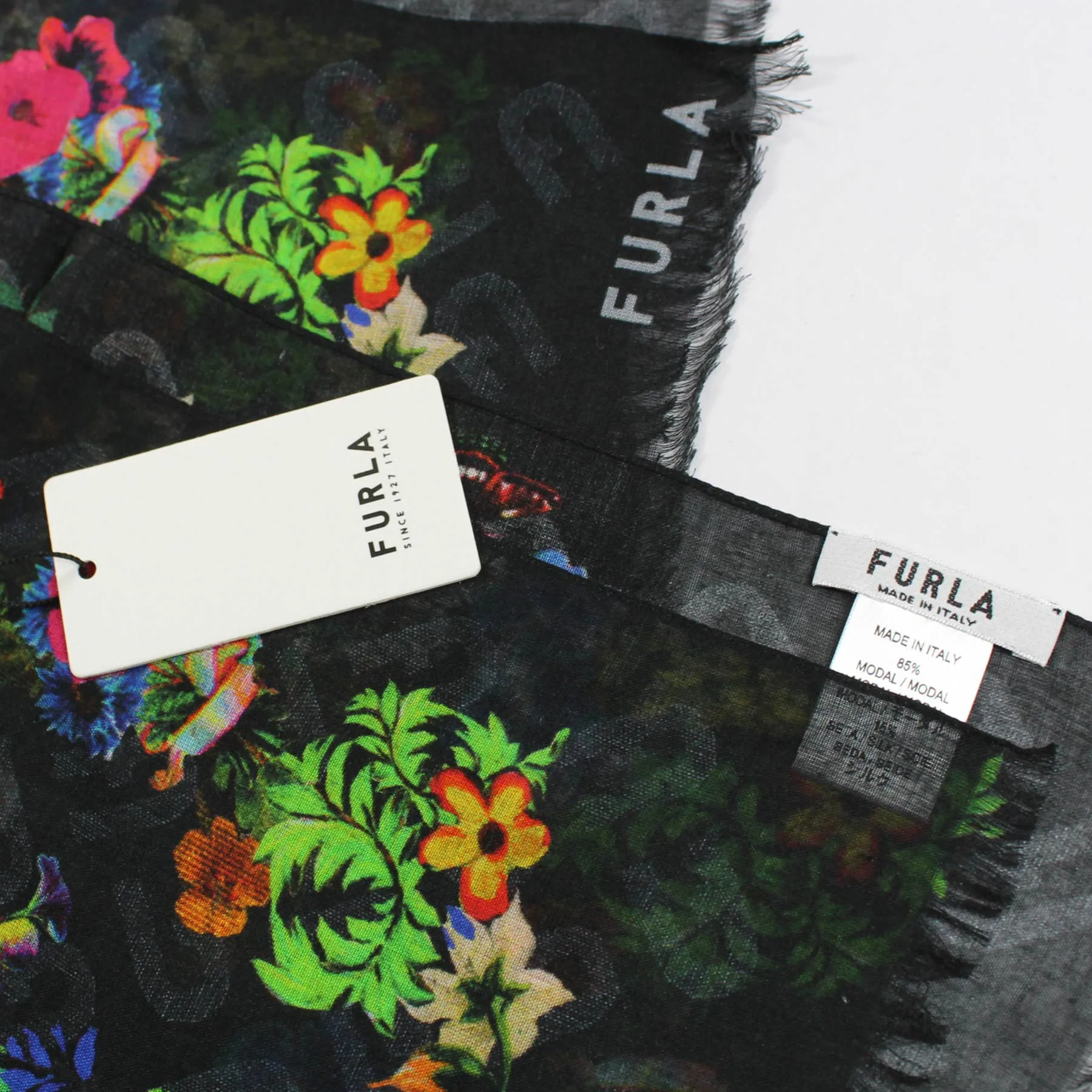 Furla Scarf Black Floral Design - Modal Silk Shawl SALE