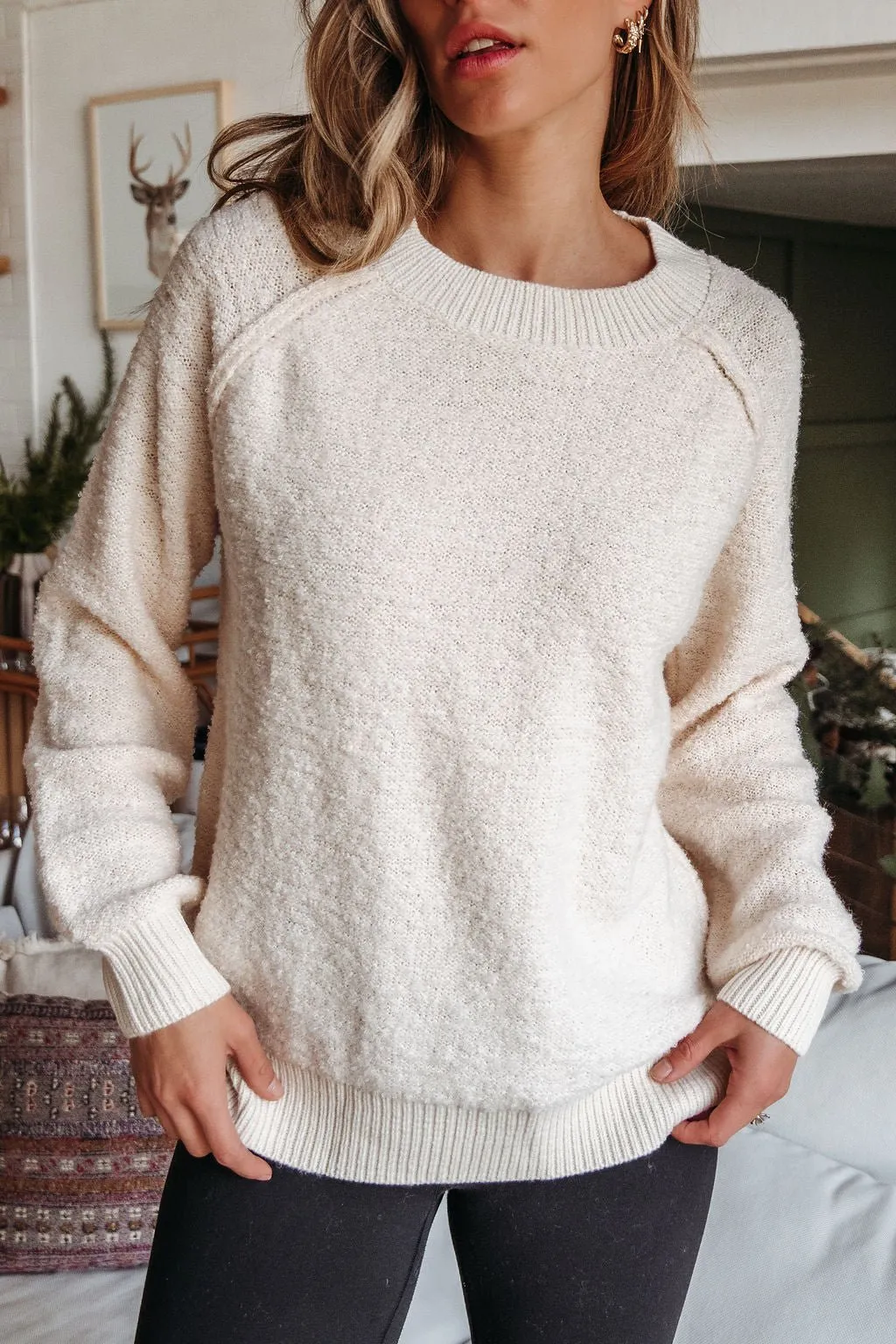 Fuzzy Cream Ribbed Pullover Sweater