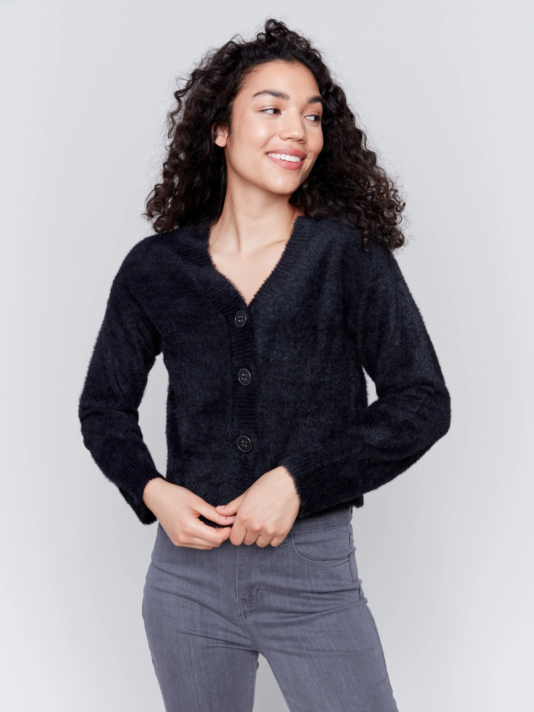 Fuzzy Knit Cardigan - Black