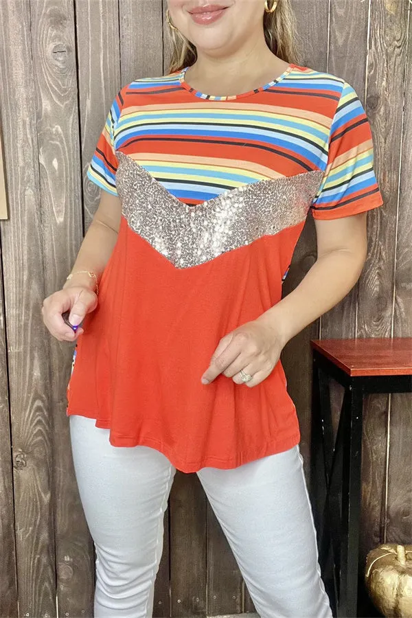 FW9812 Block orange/multi color striped short sleeve top w/sequin for women( CS6 )