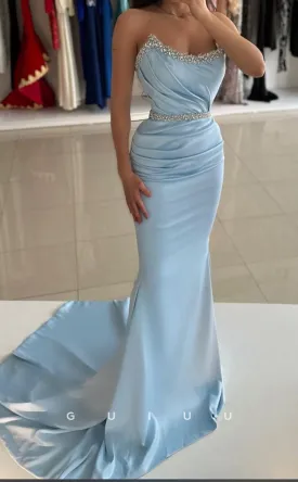 G3377 - Elegant & Dramatic Sheath Sweep Train Draped Beaded Ball Gown Prom Dress