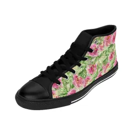 Garden Rose Floral Women's Sneakers, Pink Designer High Top Sneakers Running Shoes