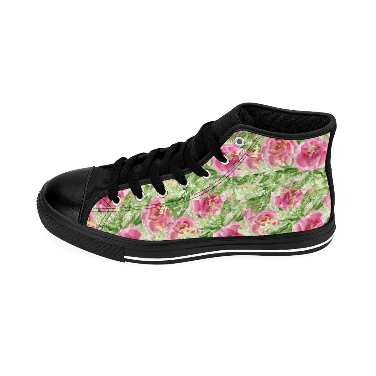 Garden Rose Floral Women's Sneakers, Pink Designer High Top Sneakers Running Shoes