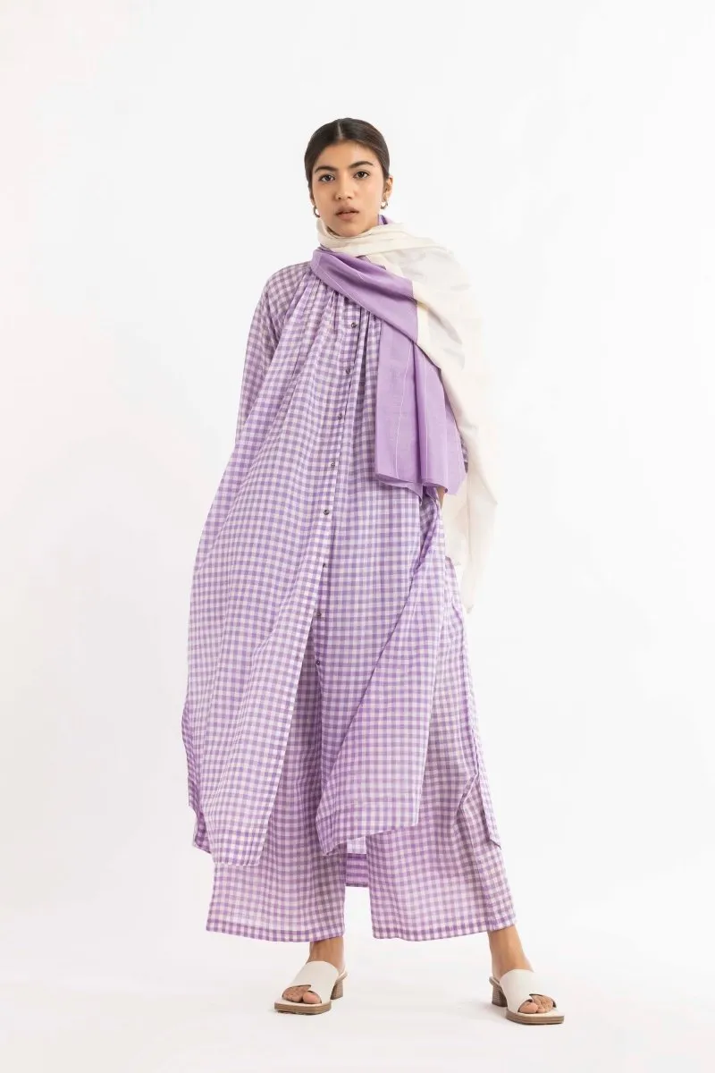 Gather Neck Shirt Co-ord Lavender Check (Set of 3)