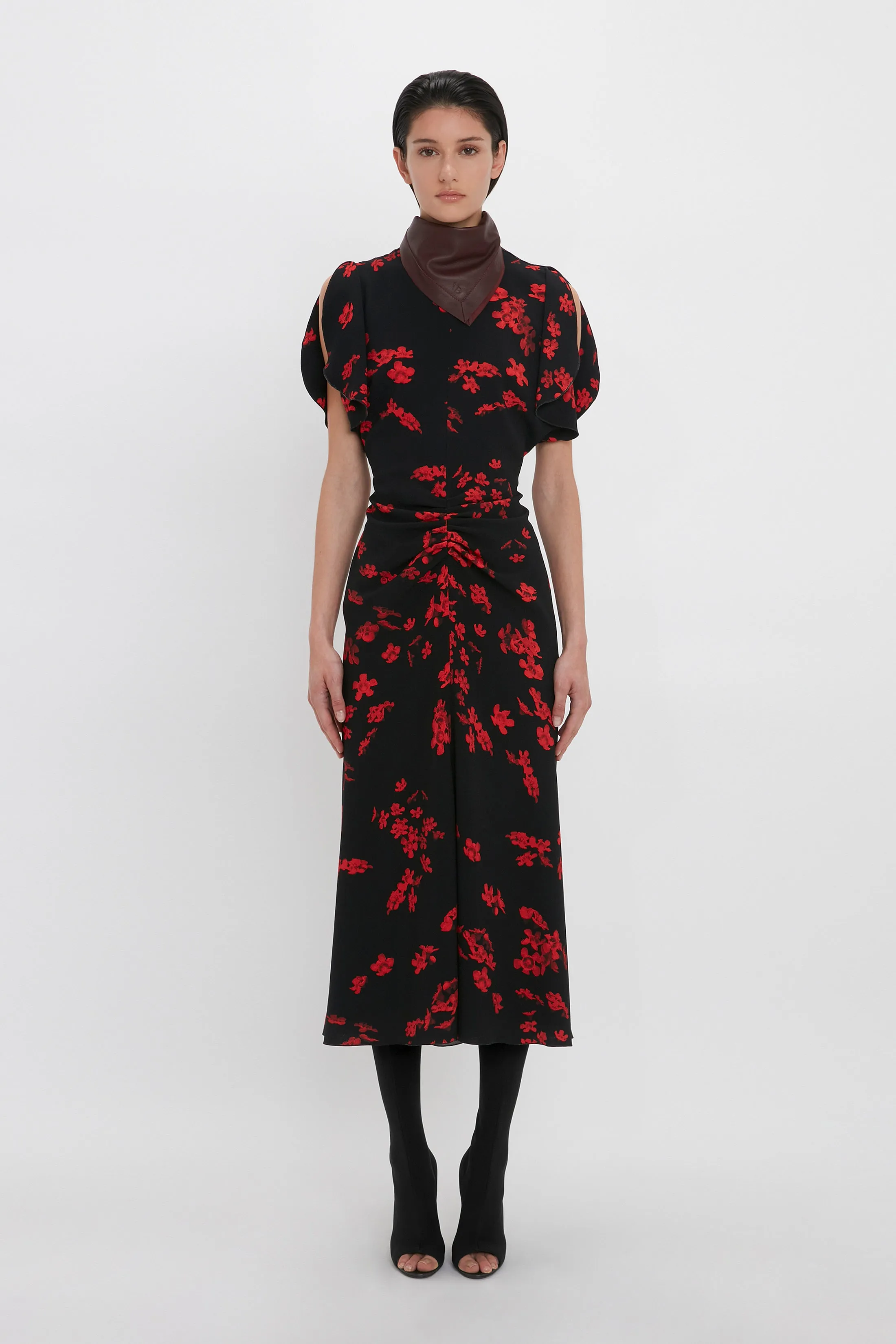 Gathered Waist Midi Dress In Sci-Fi Black Floral