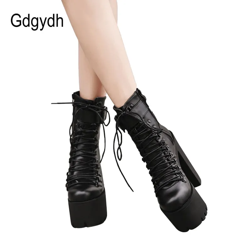 Gdgydh Fashion Motorcycle Boots Women Leather Spring Autumn Metal Buckle High Heels Shoes Zipper Black Ankle Boots Woman Lacing