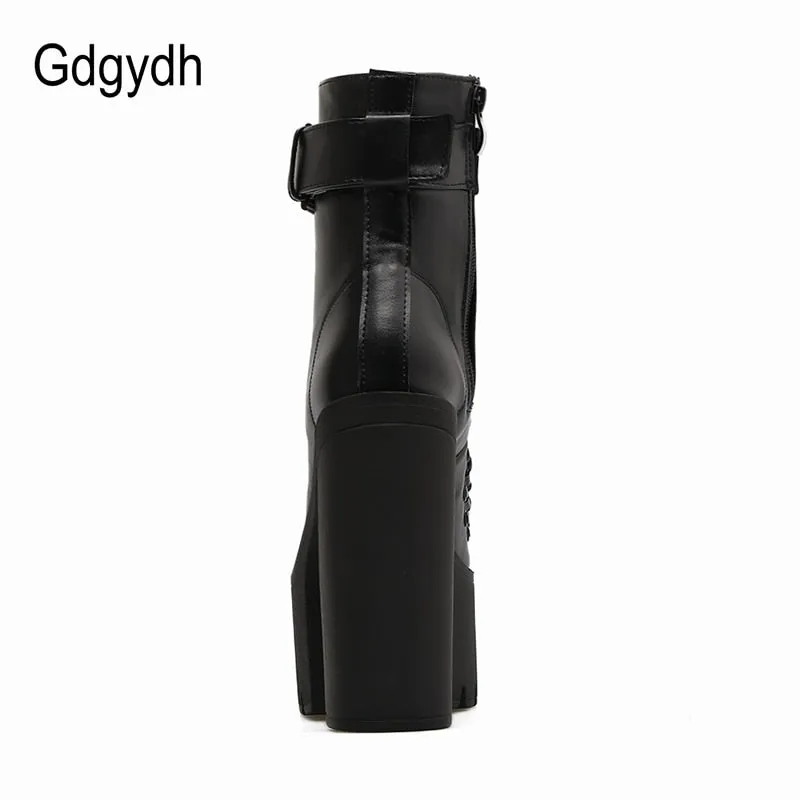 Gdgydh Fashion Motorcycle Boots Women Leather Spring Autumn Metal Buckle High Heels Shoes Zipper Black Ankle Boots Woman Lacing