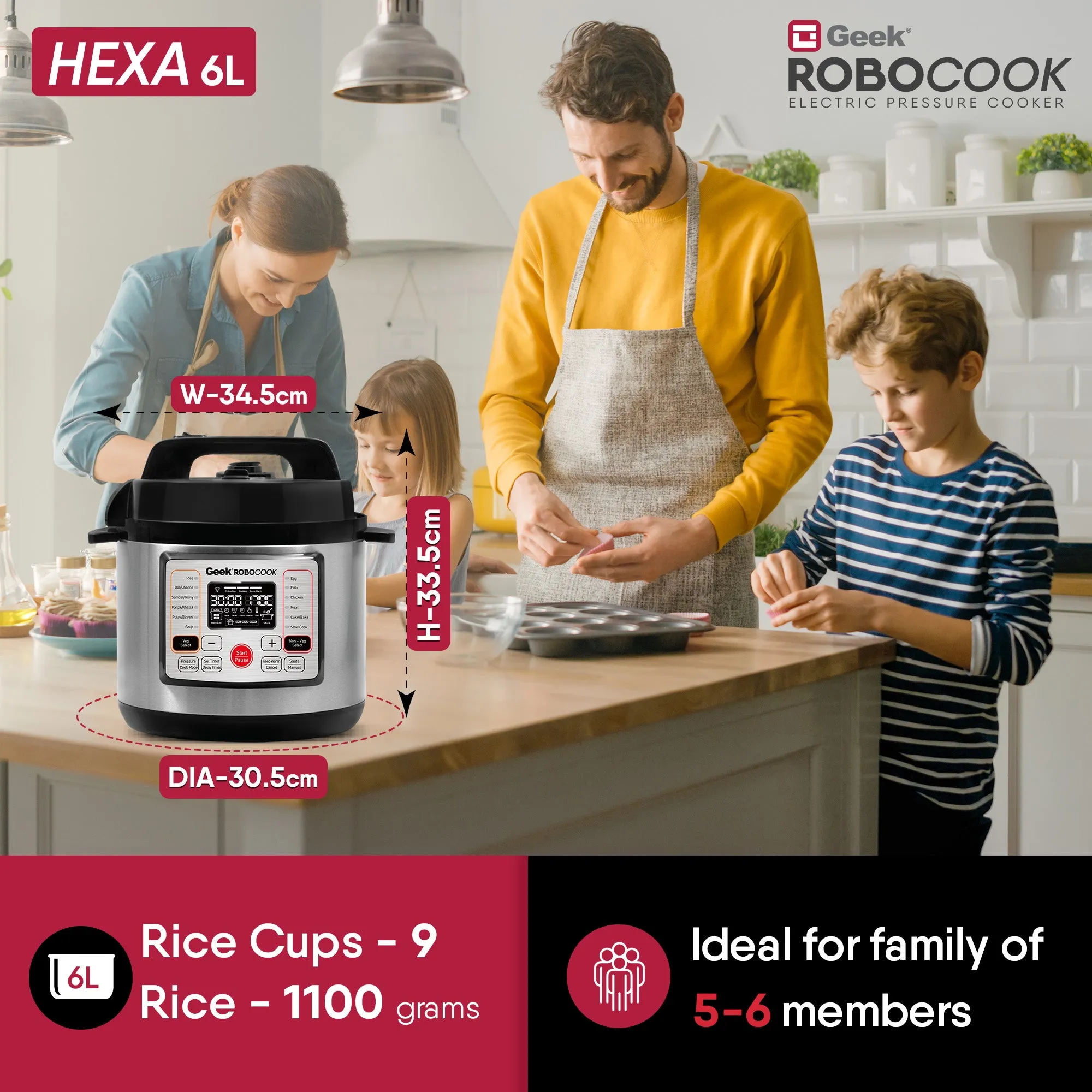 Geek RoboCook Hexa 6 Litre Electric Pressure Cooker | Stainless Steel Pot