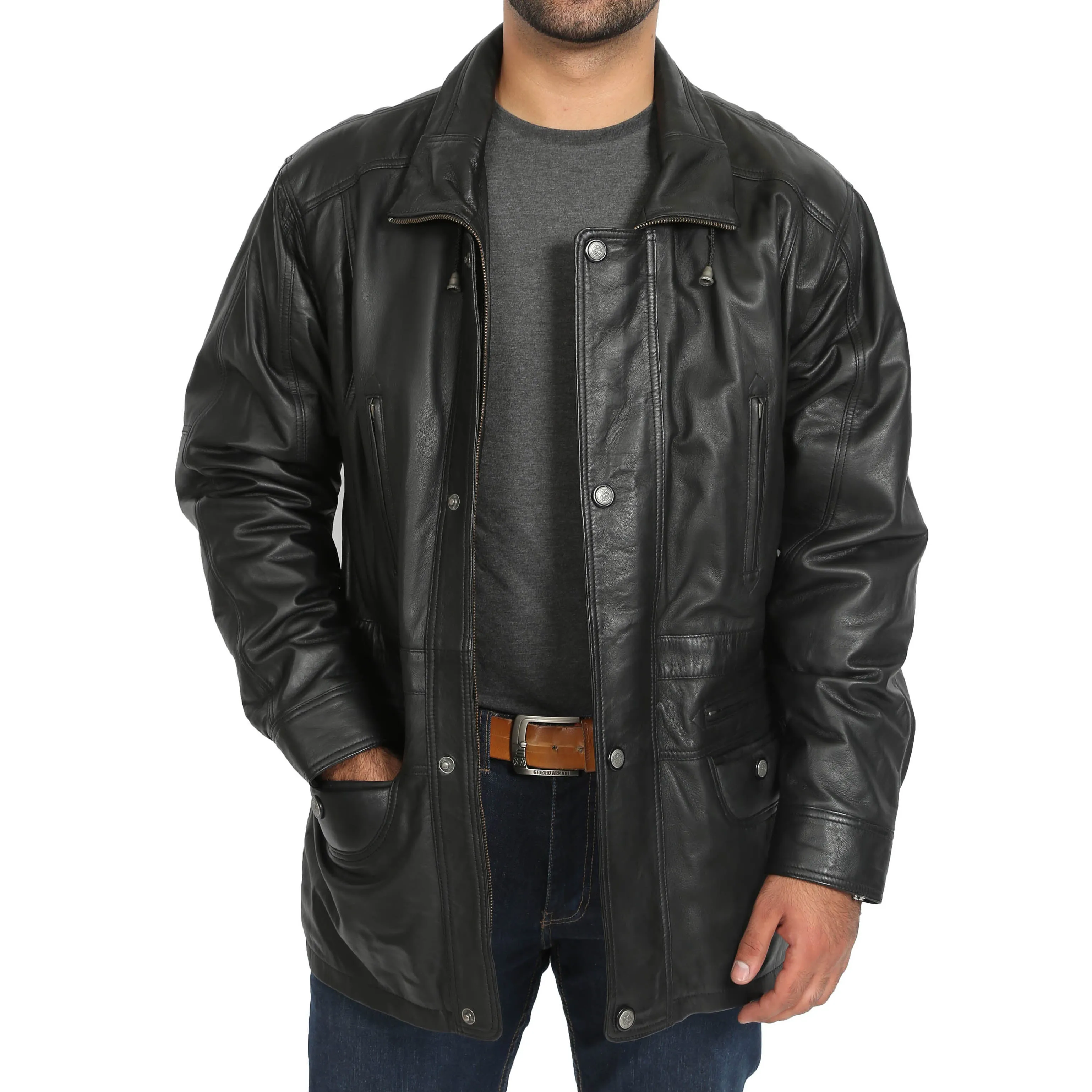 Gents Classic Soft Leather Parka Car Coat Steve Black