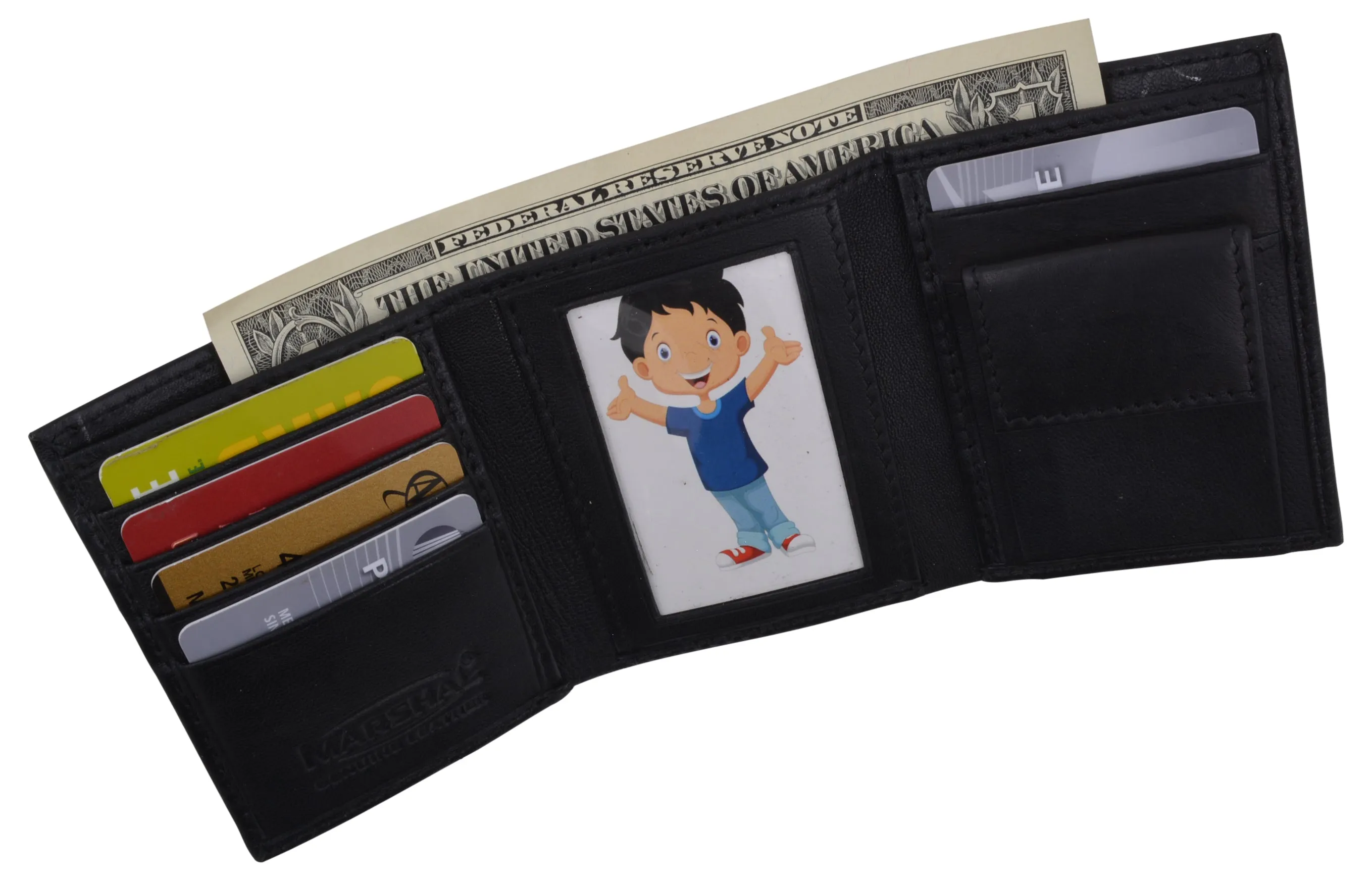 Genuine Leather Kids Slim Compact ID and Coin Pocket Trifold Boys Black Wallet