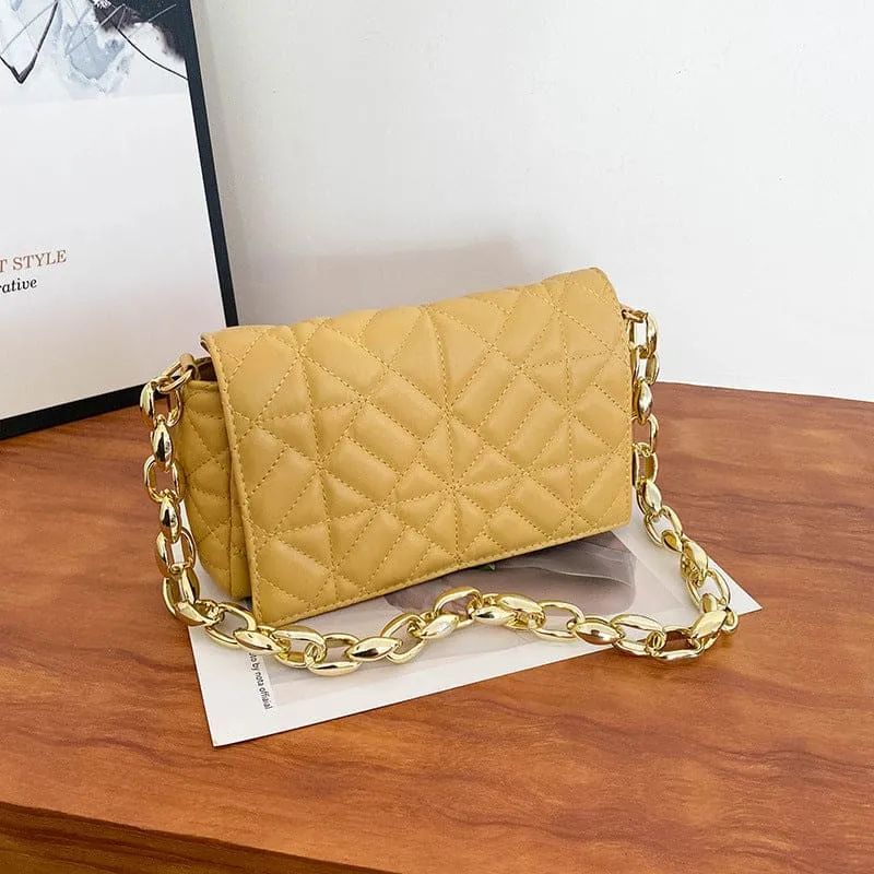 Geometric Plaid Quilted Thick Chain Flap Square Shoulder Bag