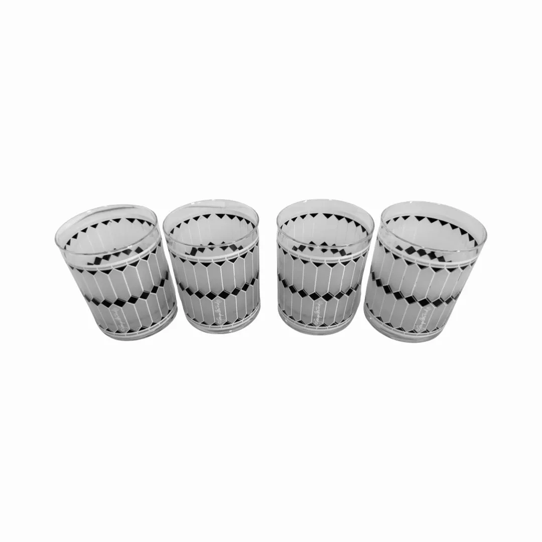 Georges Briard Signed Mid-Century Black and White Geometric Double Old Fashion Glasses (Set of 4)