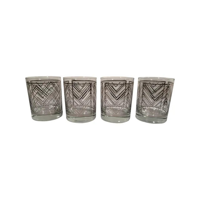 Georges Briard Signed Mid-Century Silver Geometric Double Old Fashion Glasses (Set of 4)