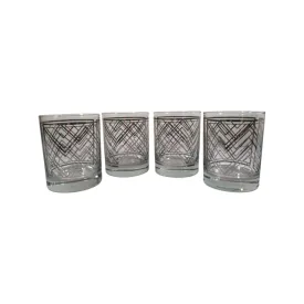 Georges Briard Signed Mid-Century Silver Geometric Double Old Fashion Glasses (Set of 4)