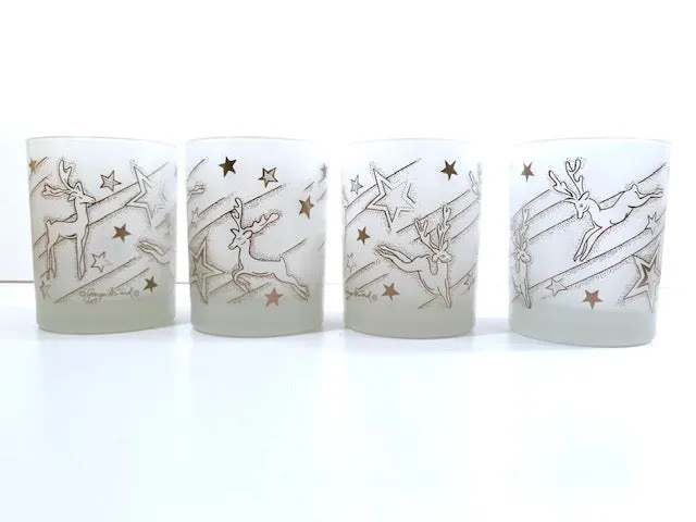 Georges Briard Signed Mid-Century Silver Reindeer Double Old Fashion Glasses (Set of 4)