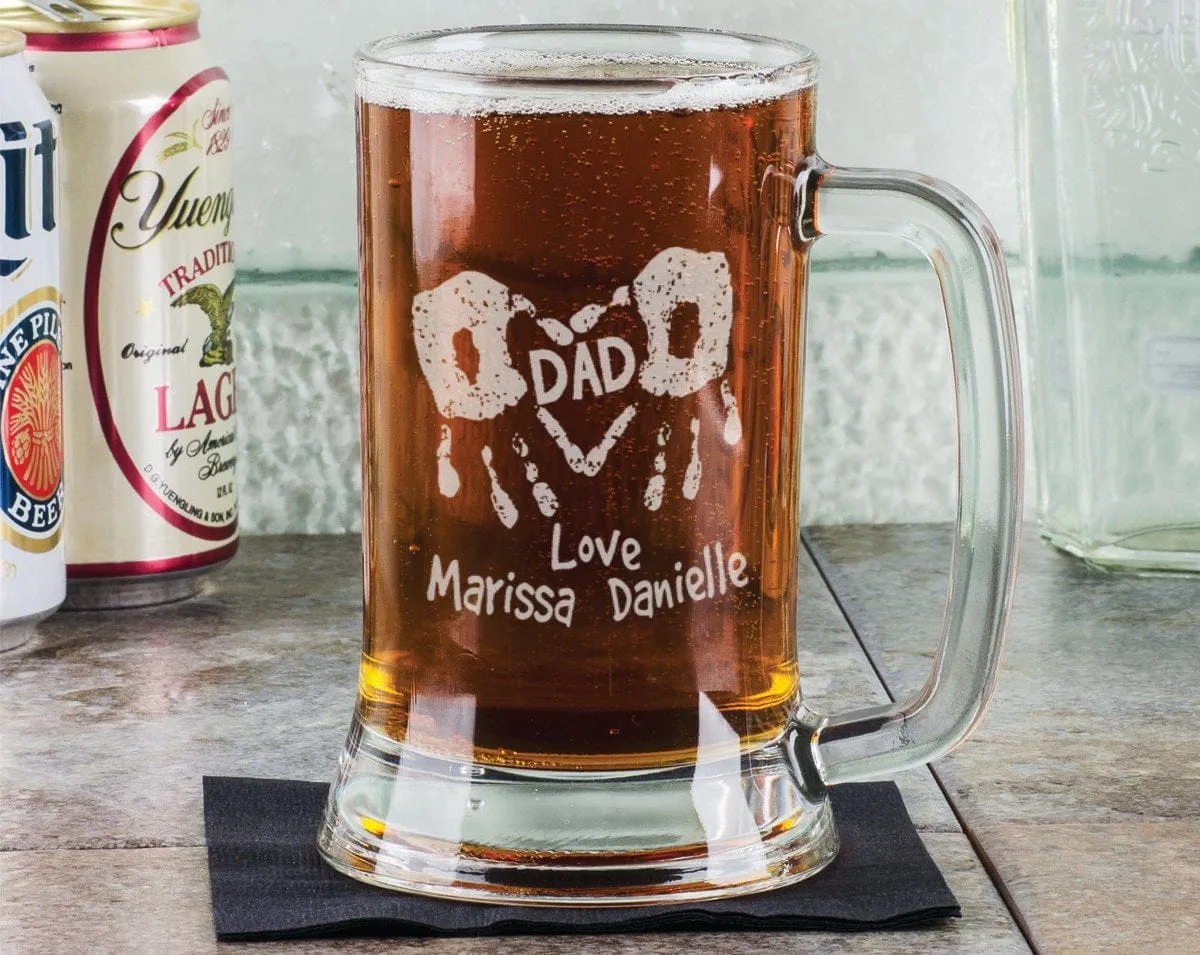 Gift for DAD Handprints Fathers Day Beer Mug Engraved Father's Gifts Personalize Birthday Etched Gift Father Grandpa Kids Names Son Daughter