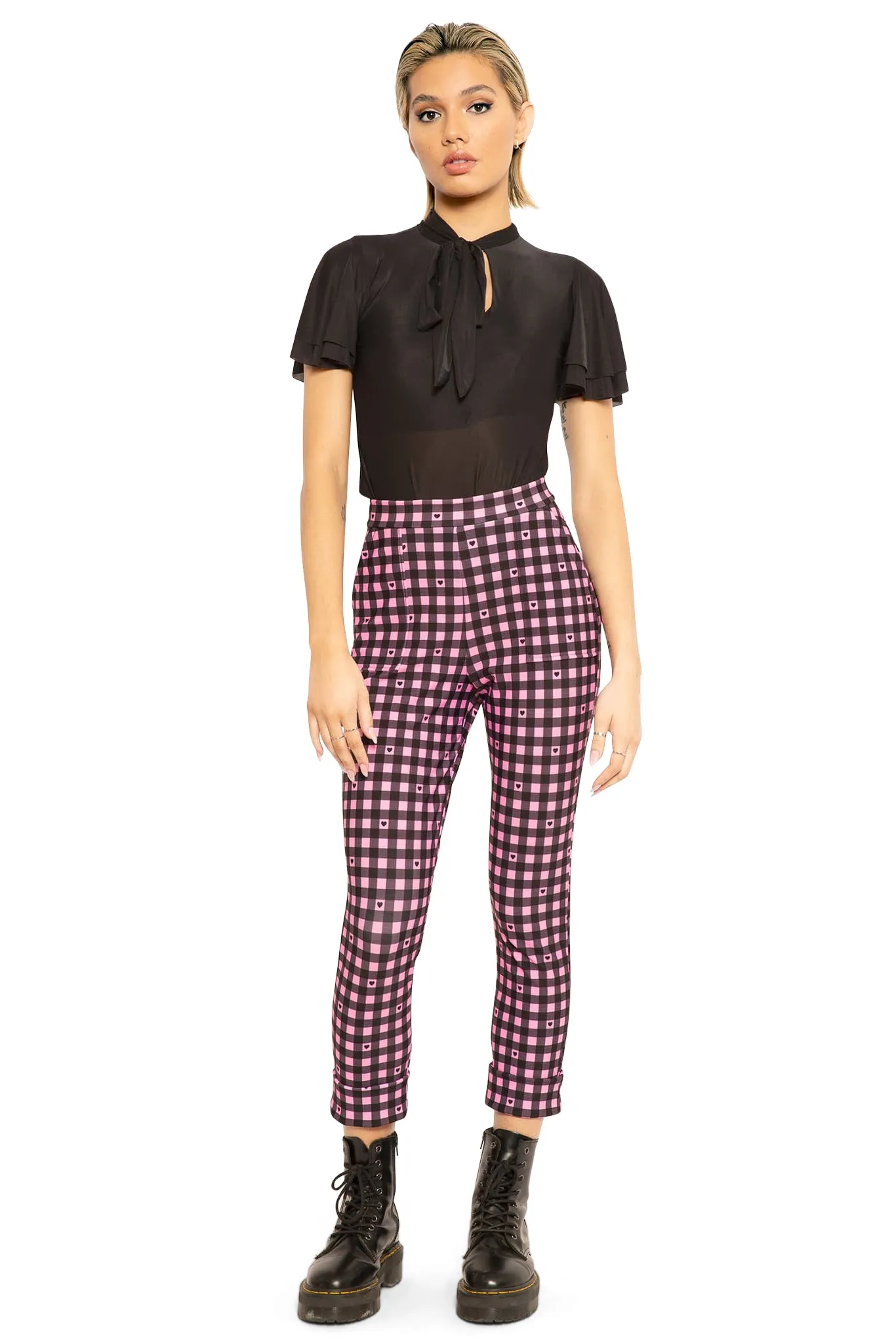 Gingham Hearts Pink Cuffed Pants