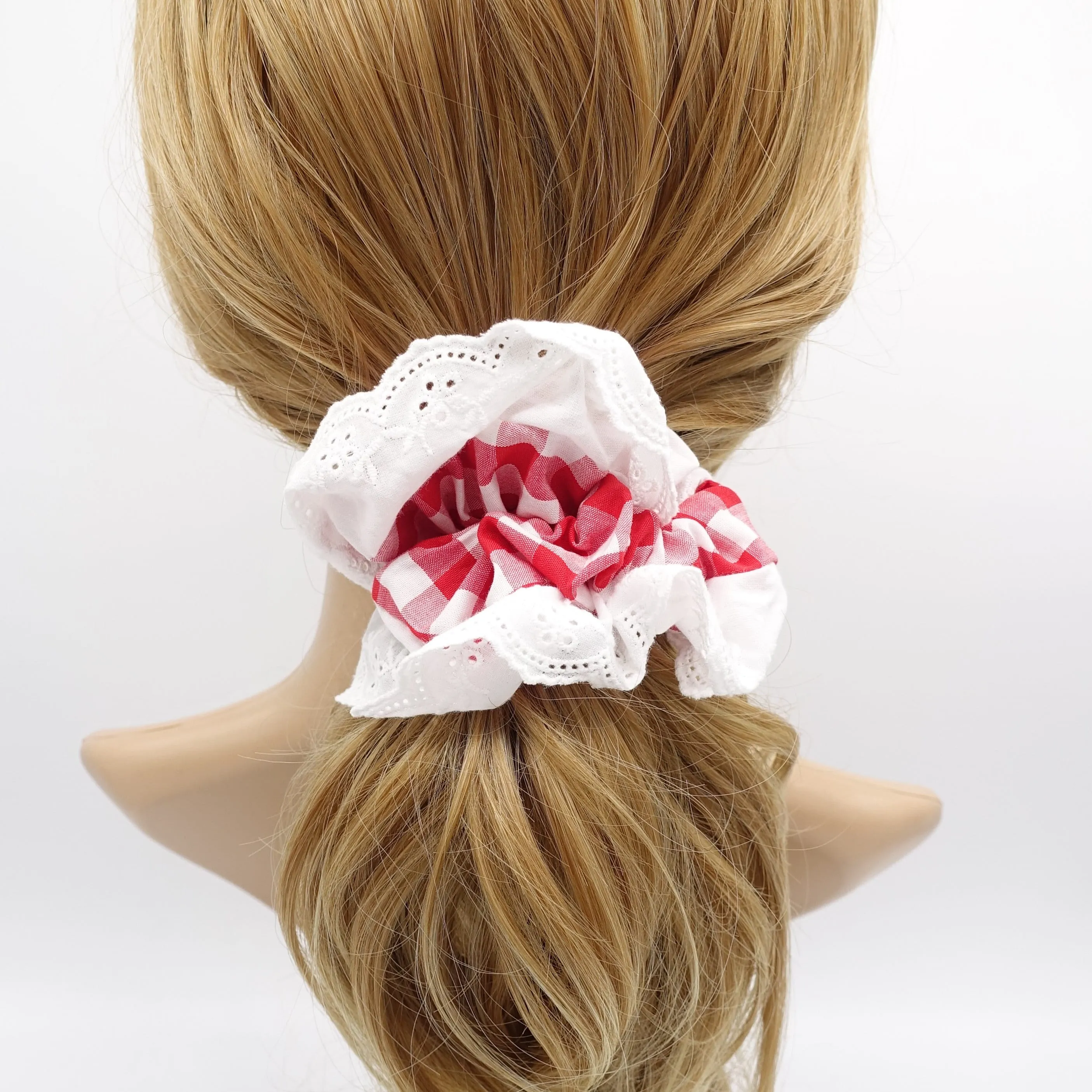 gingham scrunchies, eyelet lace scrunchies, cotton hair tie for women