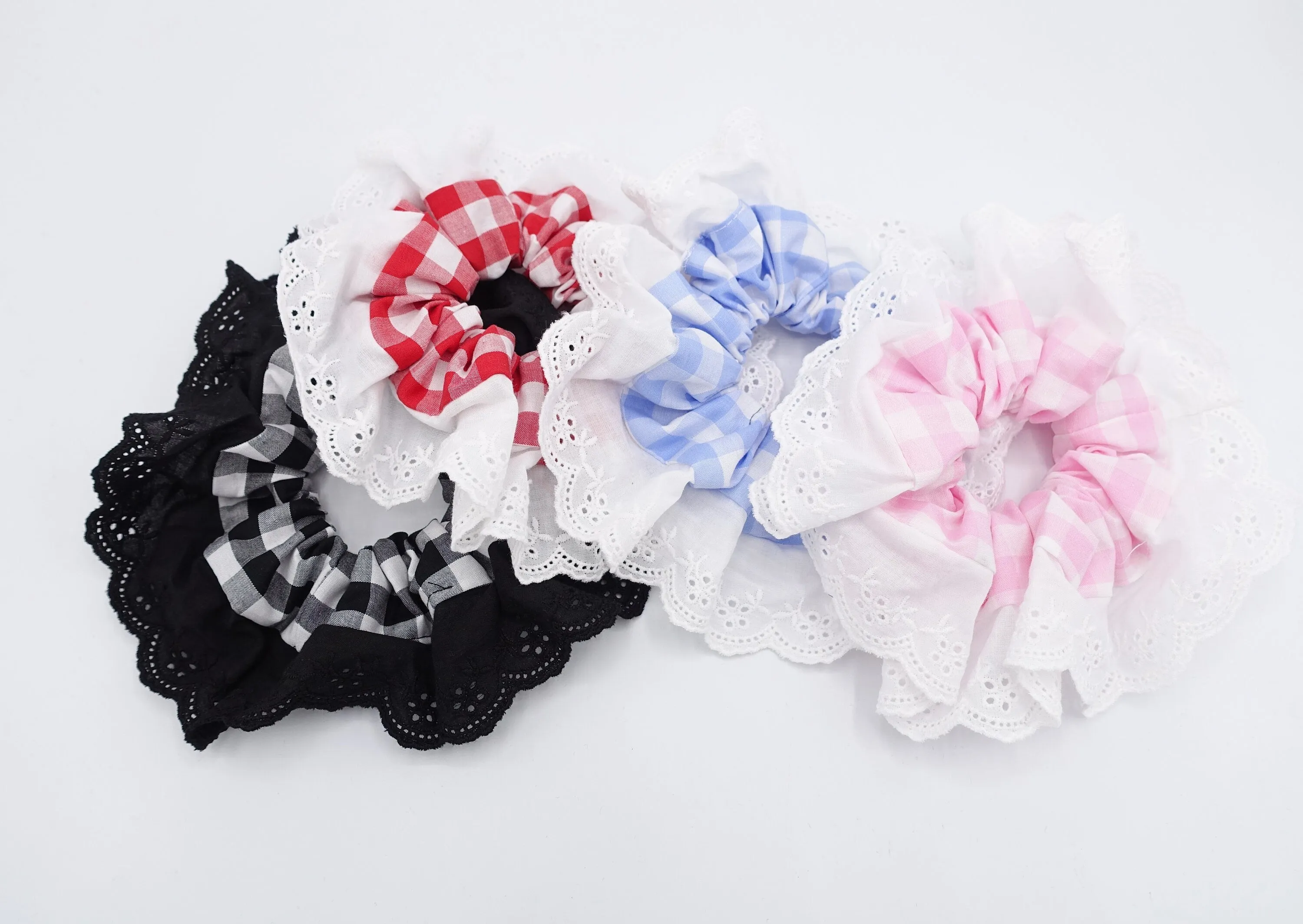 gingham scrunchies, eyelet lace scrunchies, cotton hair tie for women