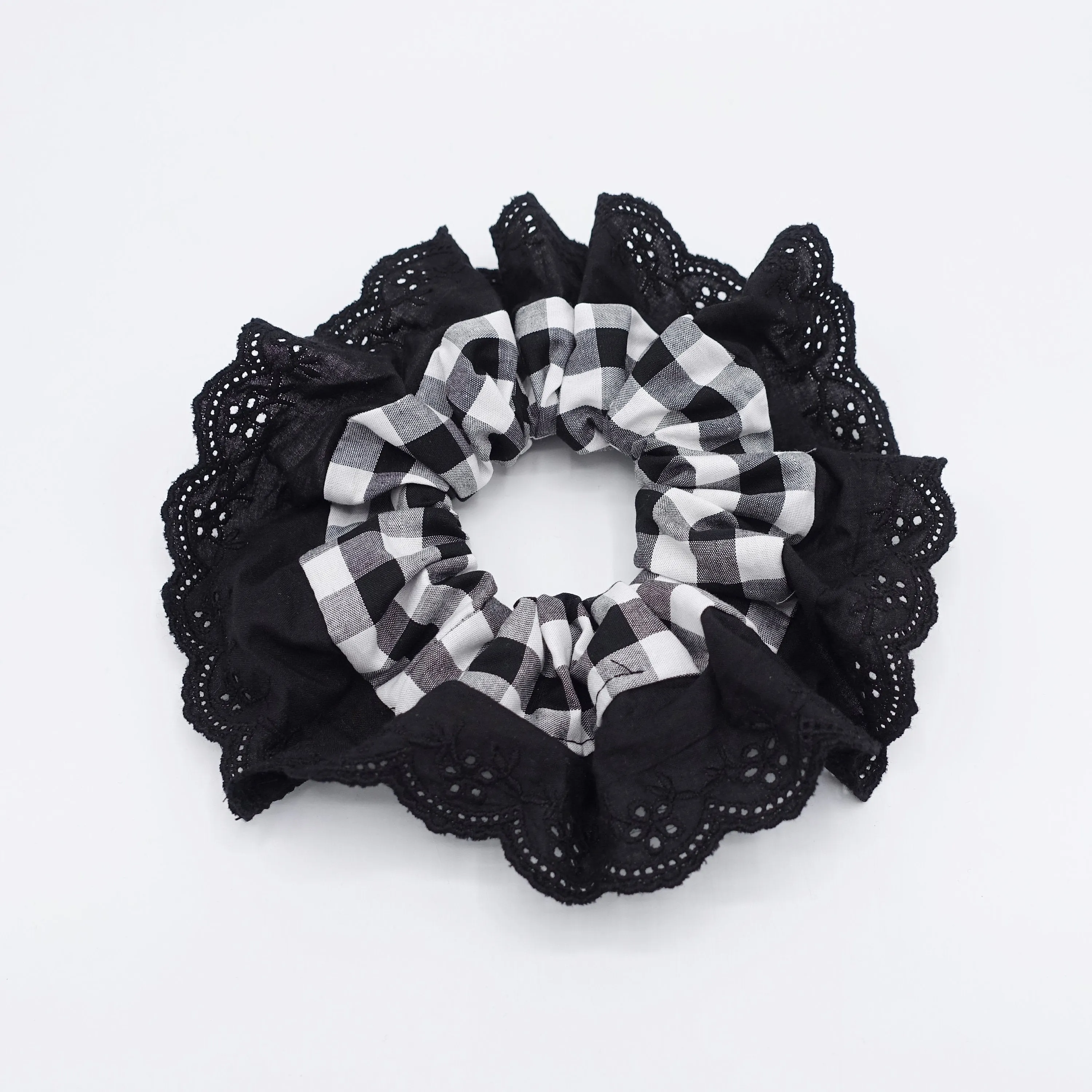 gingham scrunchies, eyelet lace scrunchies, cotton hair tie for women