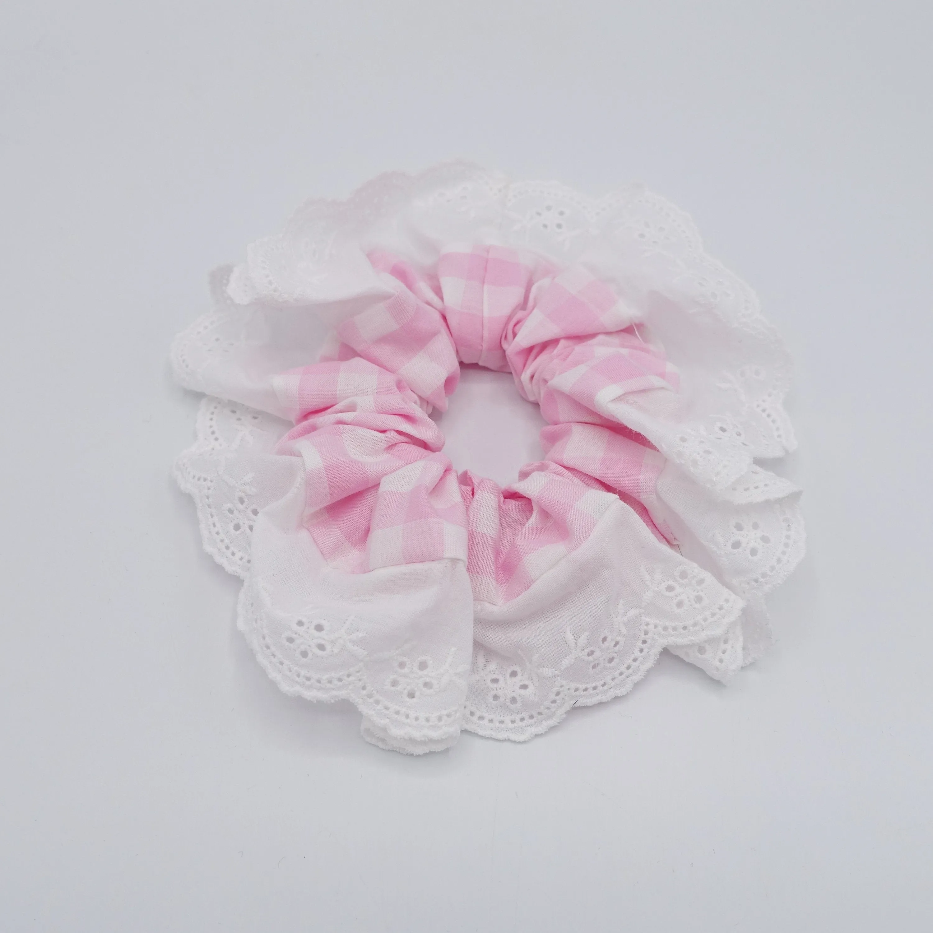 gingham scrunchies, eyelet lace scrunchies, cotton hair tie for women