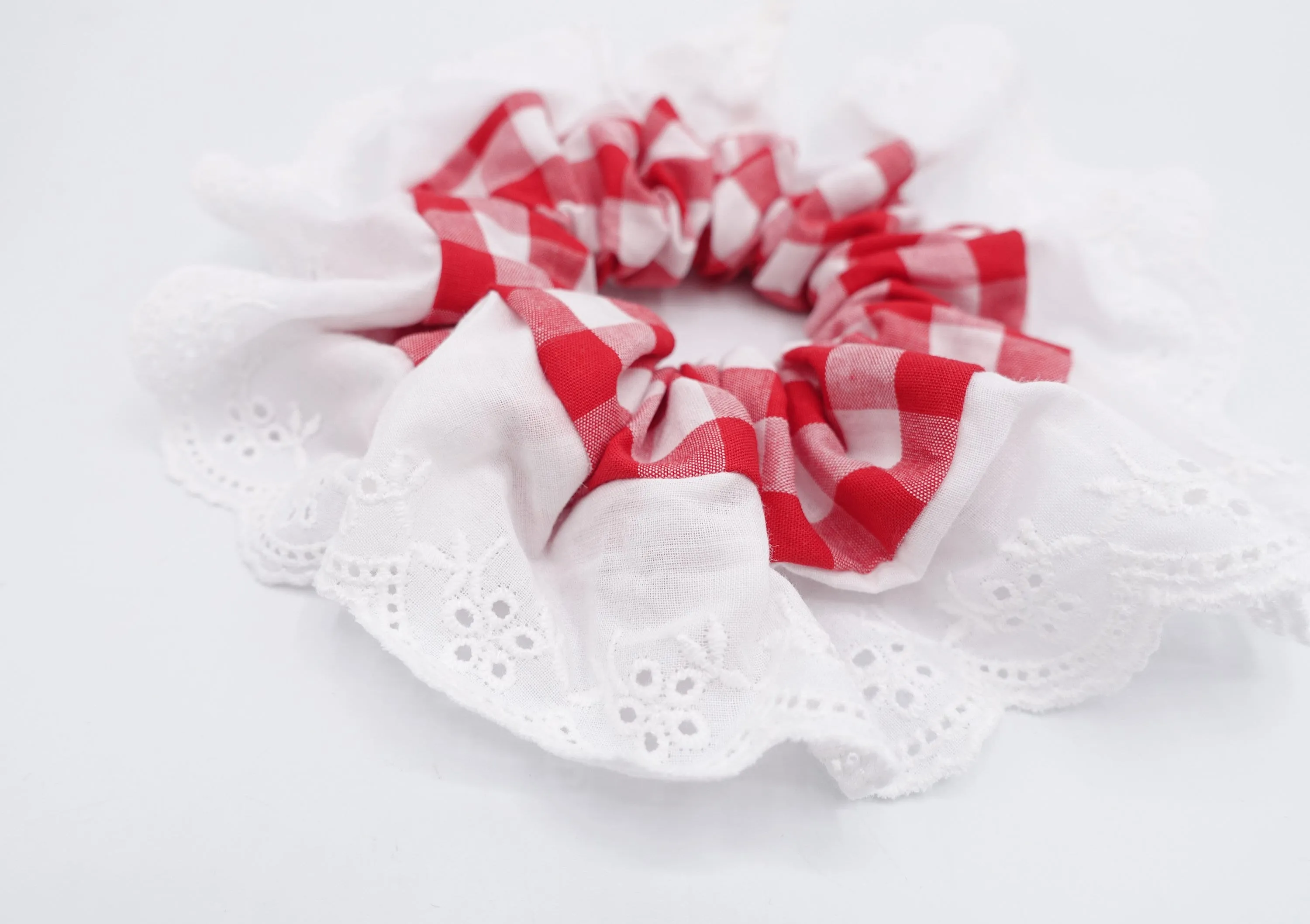 gingham scrunchies, eyelet lace scrunchies, cotton hair tie for women