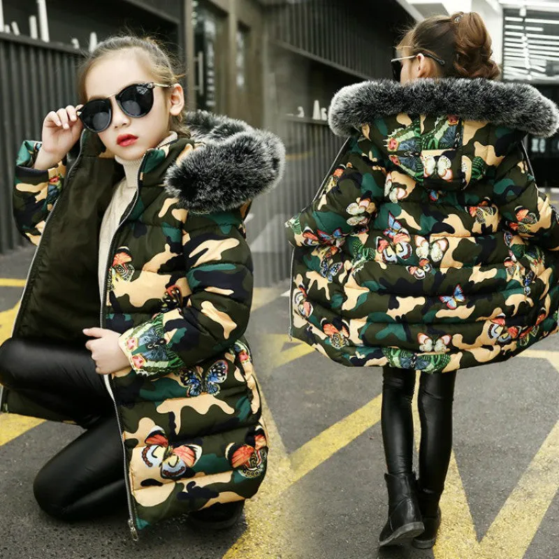 Girl Winter Jacket Cotton-padded Camouflage Printed Thick Clothes