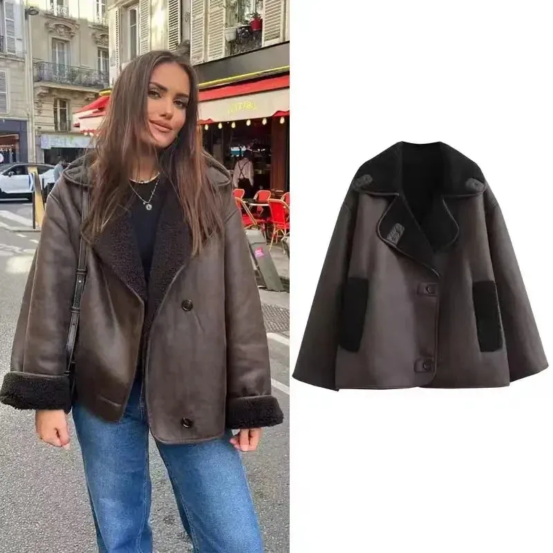 Girlary 2024 Woman Thick Faux Leather Jackets For Women Autumn Winter Warm Wool Blends Coats Demi-Season Plush Jacket Outerwear Female