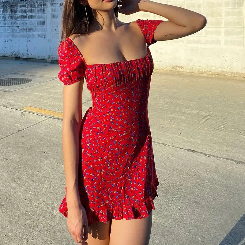 Girlary Boho Vintage Floral Backless Tie Up Mini Dress Chic Cute Short Sleeve Ruffles Hem Dress Summer 90s Vintage Women Wrap Bodycon