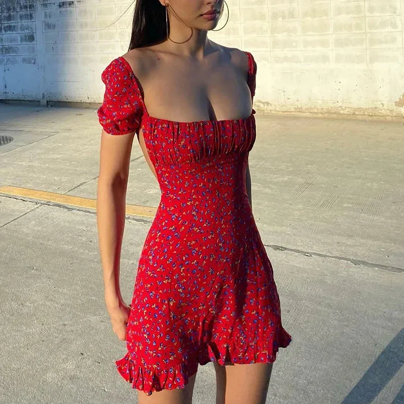 Girlary Boho Vintage Floral Backless Tie Up Mini Dress Chic Cute Short Sleeve Ruffles Hem Dress Summer 90s Vintage Women Wrap Bodycon