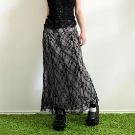 Girlary Lace Double Layer Long Skirts Black Baggy y2k Aesthetic Straight Midi Skirts femme Clothing 2000s Grunge Fairycore