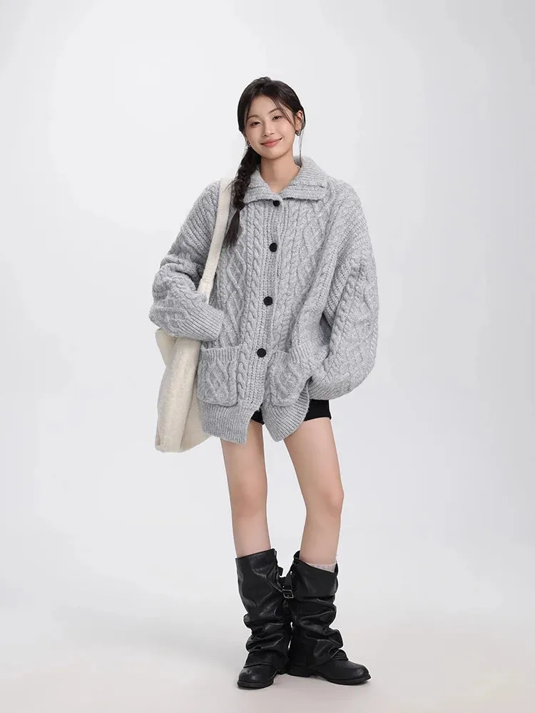 Girlary Retro Twist Knitted Cardigan Women Autumn Winter New Lazy Style Loose Sweater Casual Versatile Long Sleeve Knitted Outerwear