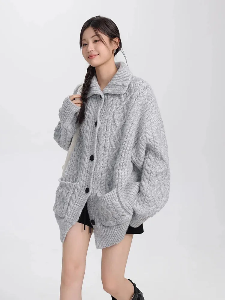 Girlary Retro Twist Knitted Cardigan Women Autumn Winter New Lazy Style Loose Sweater Casual Versatile Long Sleeve Knitted Outerwear