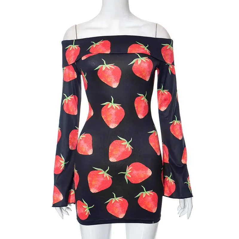 Girlary Strawberry Print Off Shoulder Mini Dress Women Y2K Flare Long Sleeve Slim Wrap Hip Short Dress Hottie Autumn Streetwear