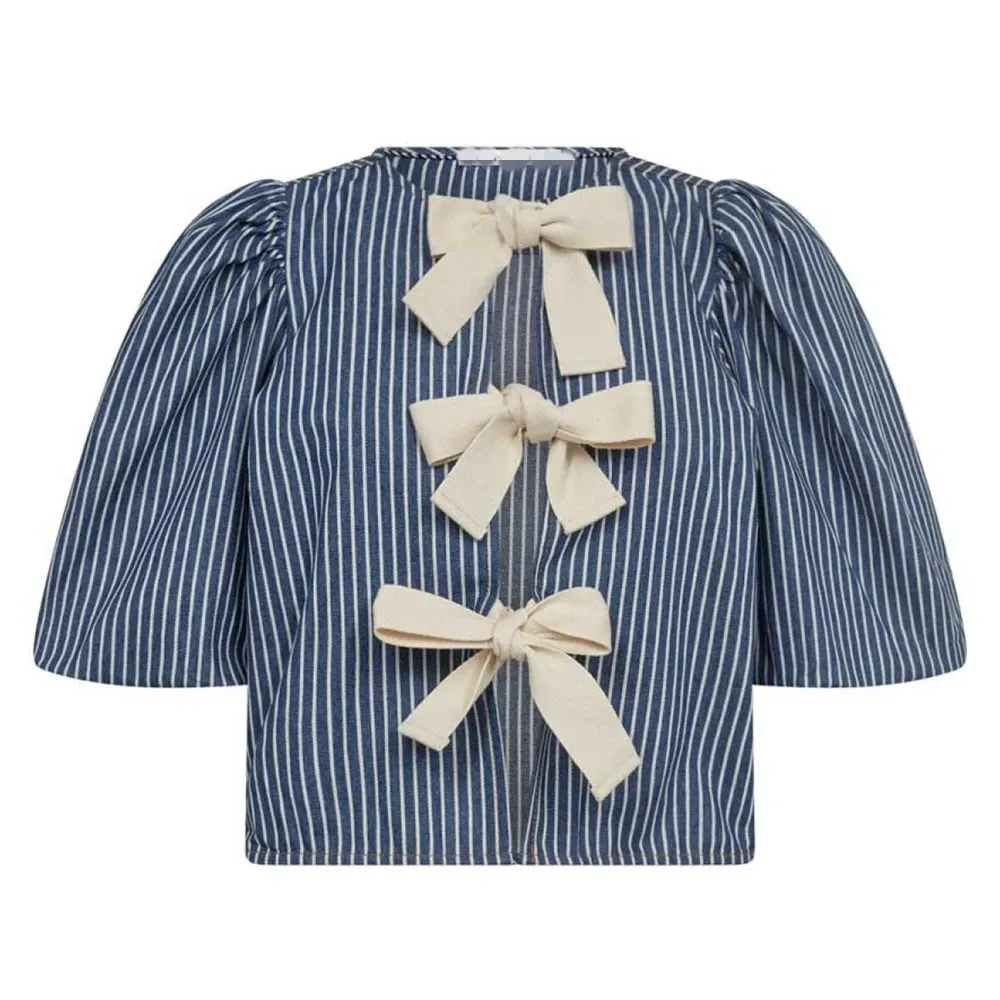 Girlary Women's Kawaii Blue Striped Bow Knot Tie-up Cropped Lantern Sleeves Peplum Shirts Elegant Round Neck Streetwear Tops