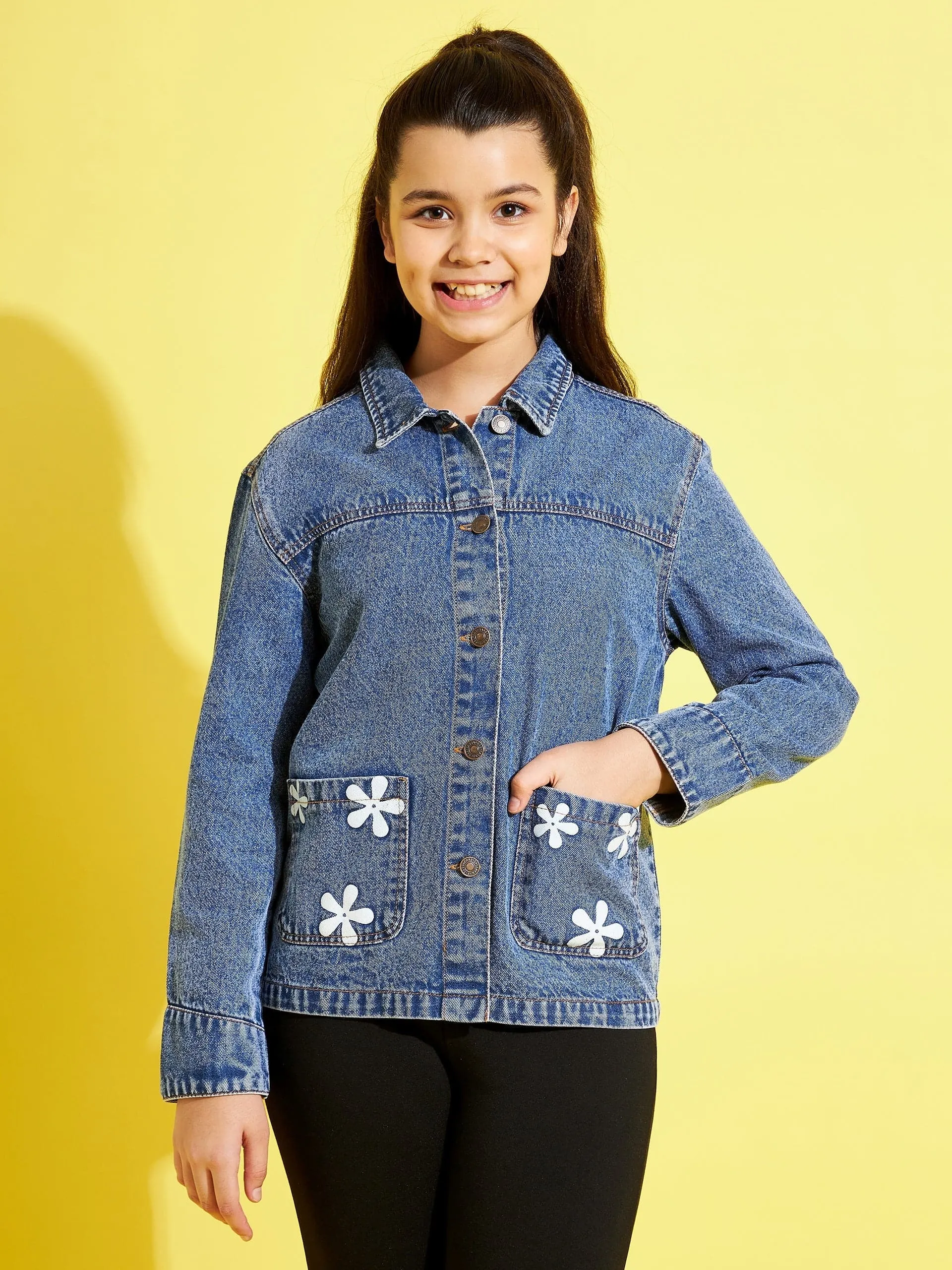 Girls Blue Flower Denim Jacket - Lyush Kids