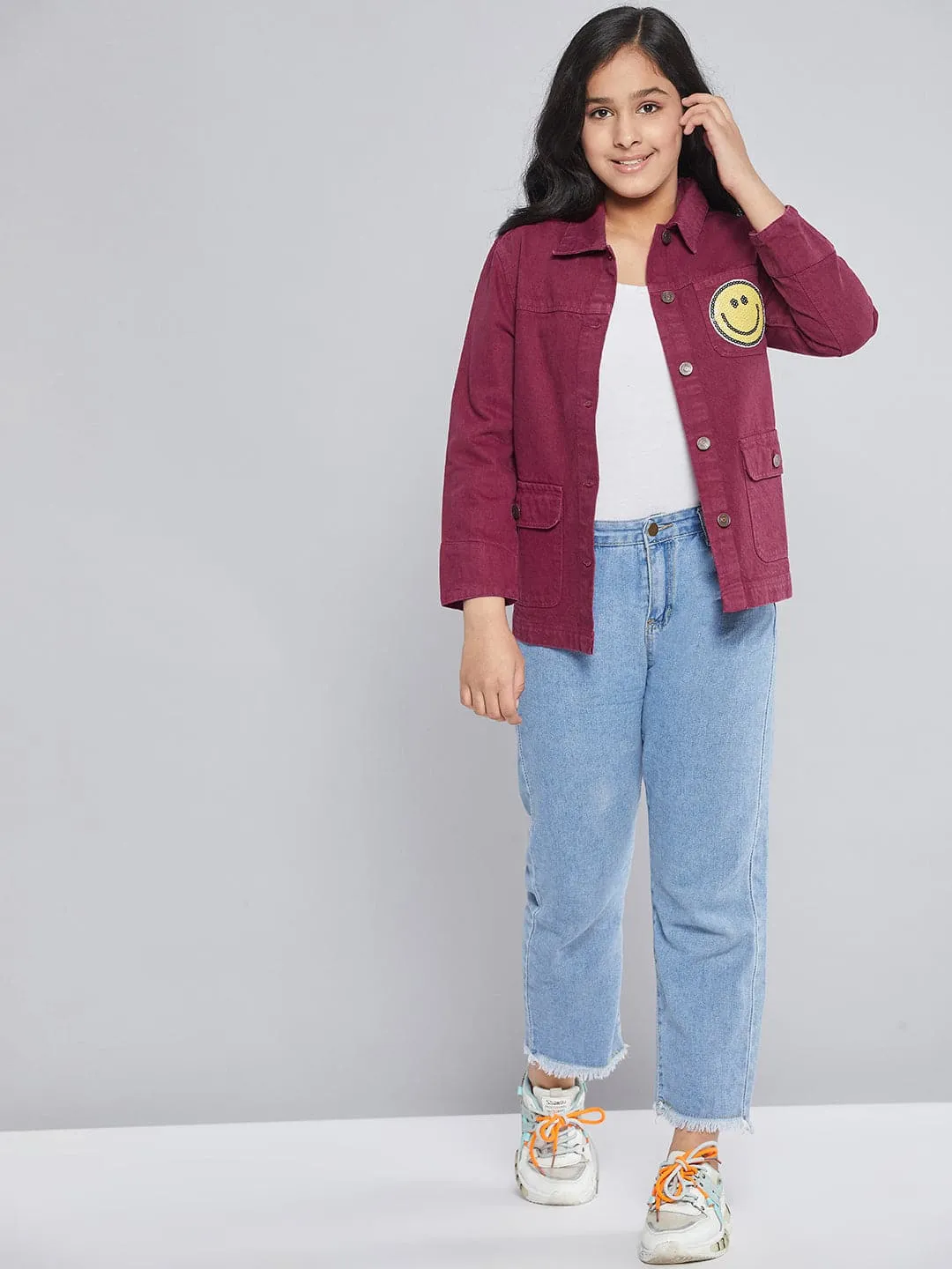 Girls Burgundy Smiley Patch Denim Jacket - Lyush Kids