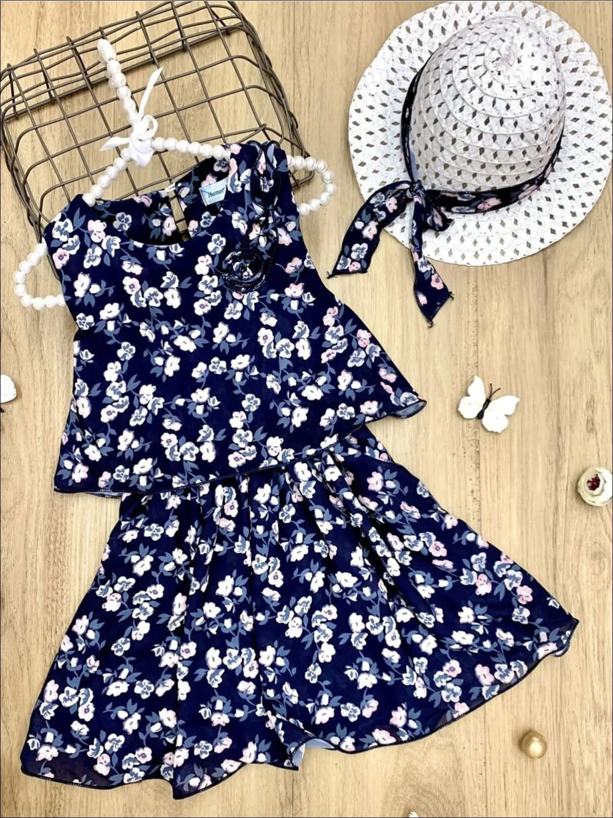 Girls Flowers in Navy Dress with Matching Hat