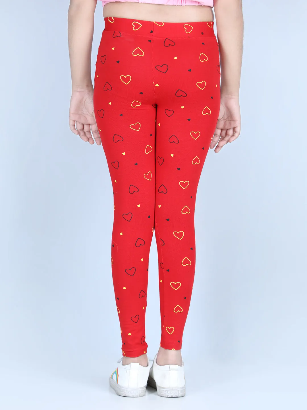 Girl's Heart Printed Leggings With Flat Waistband- Red - Stylestone Kid