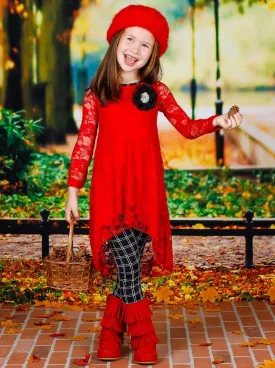 Girls Lace Hi-Lo Long Sleeve Tunic with Flower Trim And Printed Legging Set