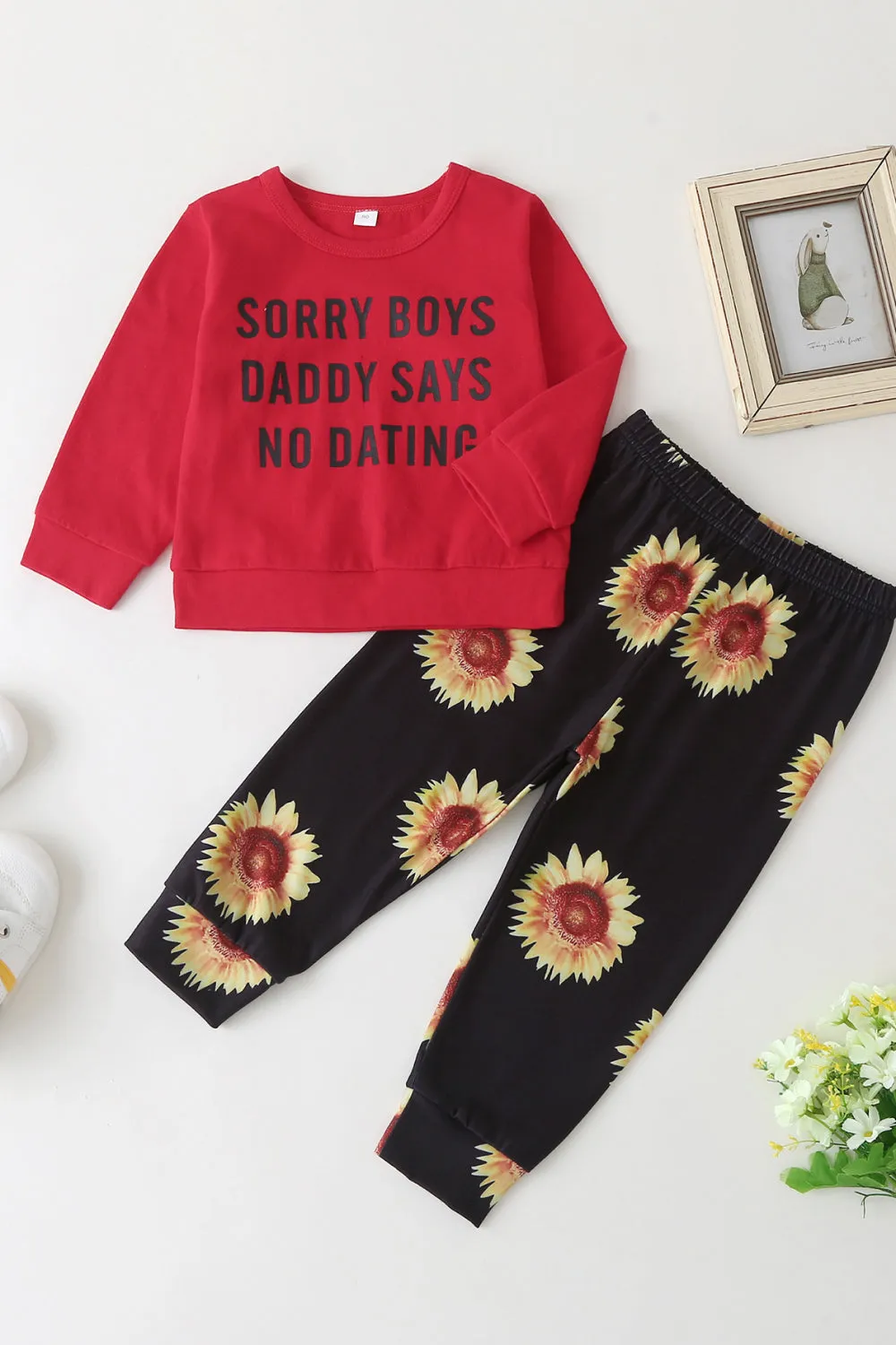 Girls Letter Top and Sunflower Pants Set