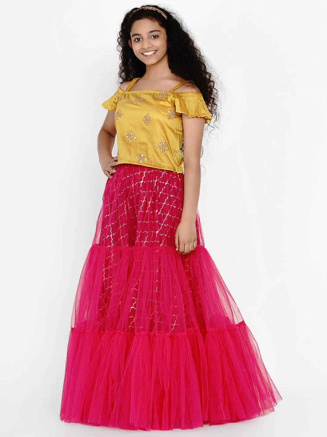 Girls Mustard & Fuchsia Embroidered Ready To Wear Lehenga Choli