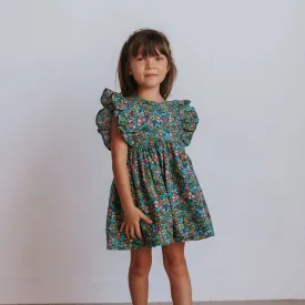 Girl's Navy and Pink Rifle Paper Floral Print Ruffle Cotton Dress