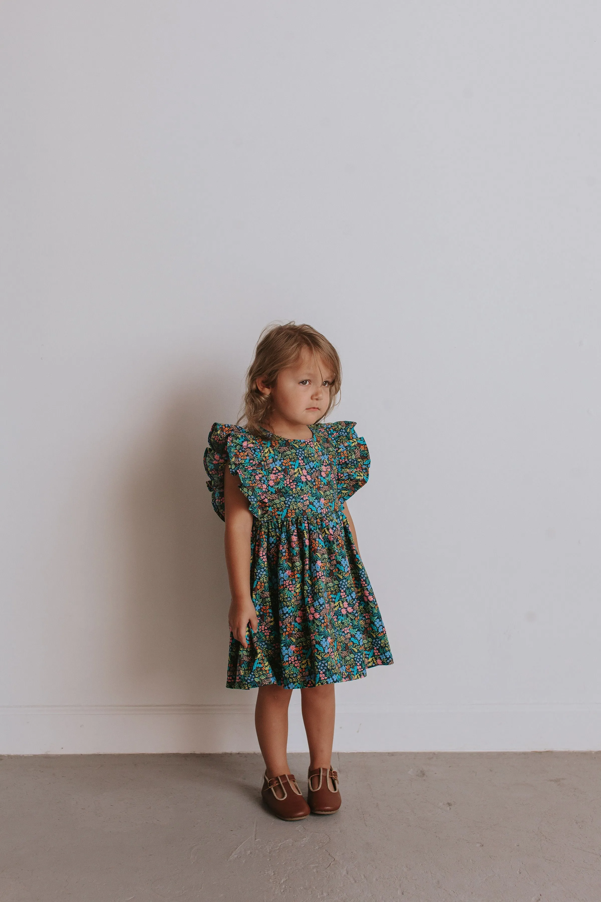 Girl's Navy and Pink Rifle Paper Floral Print Ruffle Cotton Dress