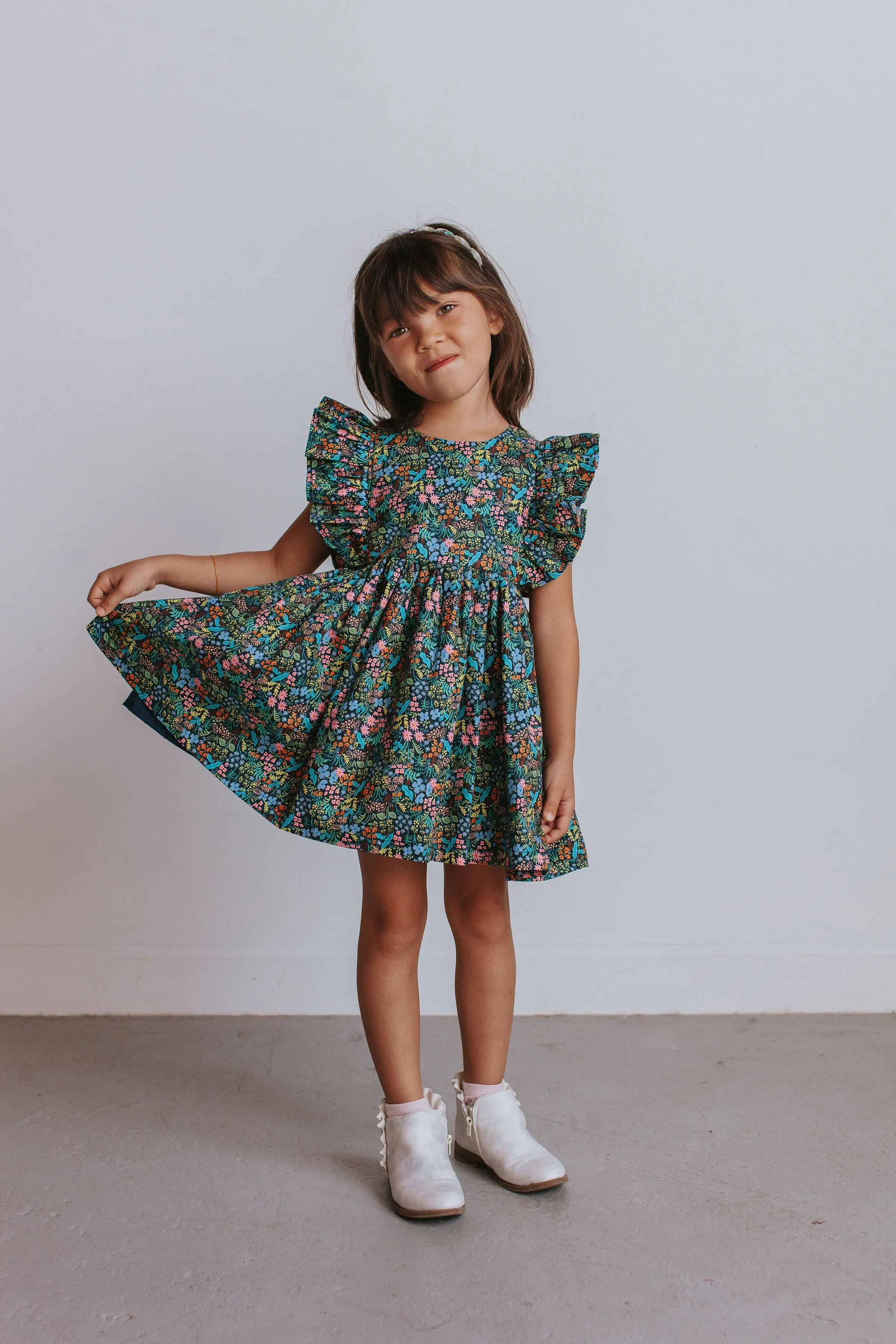 Girl's Navy and Pink Rifle Paper Floral Print Ruffle Cotton Dress