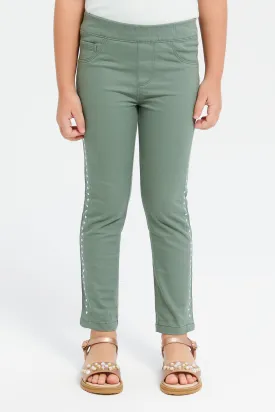 Girls Olive Embellished Jeggings