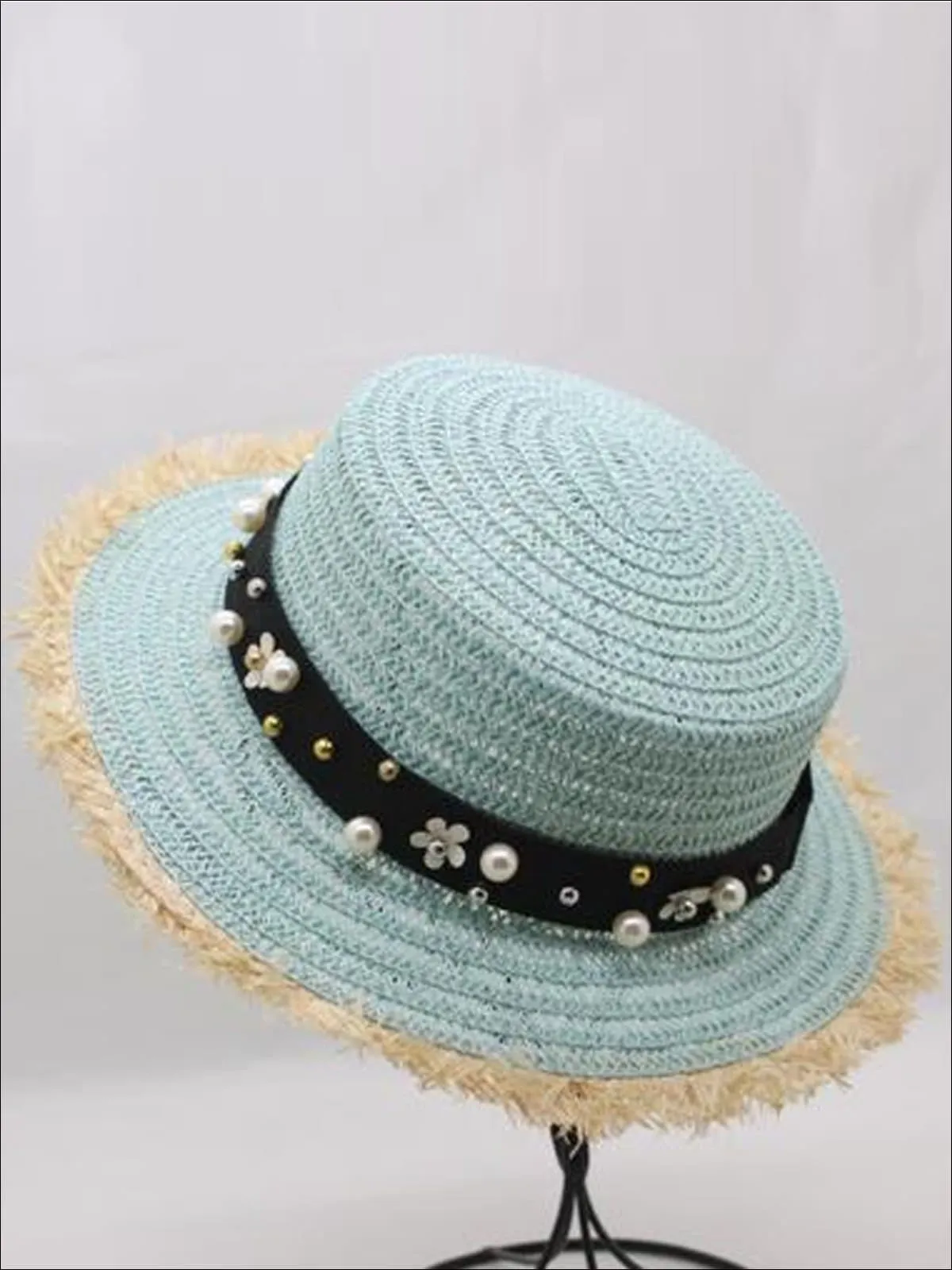 Girls Pearl Embellished Frayed Edge Straw Hat